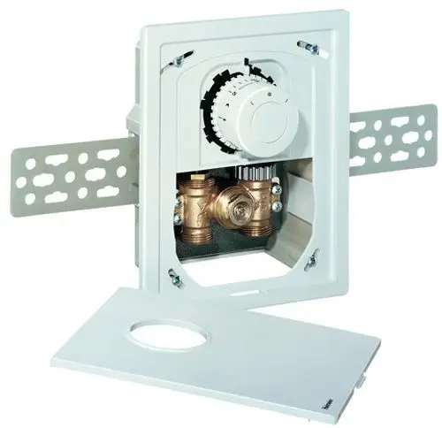 Thermostatventil und Steuerungseinheit in einer weißen Montagebox von IMI Hydronic Engineering für Heizungsanwendungen, halb offen gezeigt zur Veranschaulichung der inneren Komponenten.